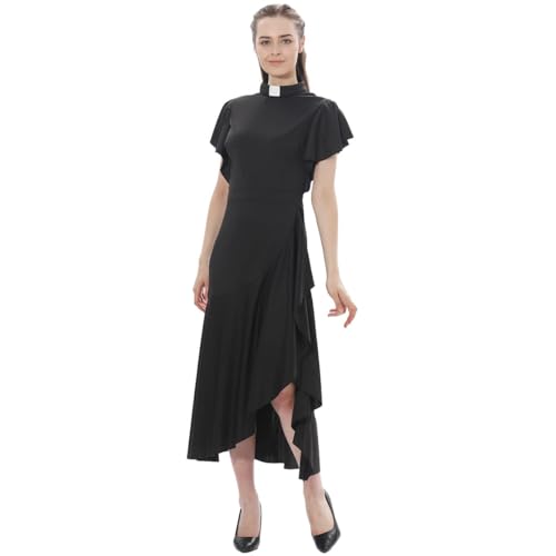 BPURB Kirchen Kleider für Damen Elegant Rüschen Ärmel Kurzarm Maxi Kleid mit Schlitz Sommer Langes Kleid mit Weiß Tab-Kragen, Schwarz, Small von BPURB