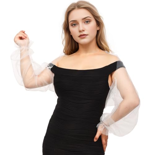 Damen Bolero Langarm Puffärmel Open Front Transparente Tüll Bolerojacke Strickjacke Festlich Hochzeit Cardigan Schulterjacke für Brautkleider Party,Weiß,XXL von BPURB