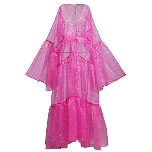 Damen Drag Queen Organza Glockenärmel Bademantel Morgenmantel Umstandskleid Fotoshooting Kimono Cardigan Bikini Cover Up(XX-Large, Rose) von BPURB