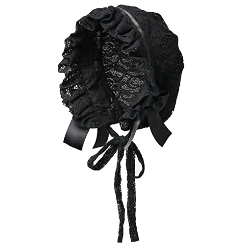 Damen Mädchen Viktorianische Spitze Schleifenknoten Haube Baumwolle Futter Beanie Hut Kappen mit verstellbaren Trägern (Schwarz) von BPURB