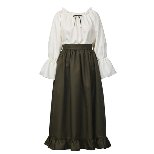 Damen Renaissance Kostüm Vintage Mittelalterliches Bauern Kleid Trompeten ärmel Viktorianisches Ren Faire Bluse und Rock (Grün, M) von BPURB