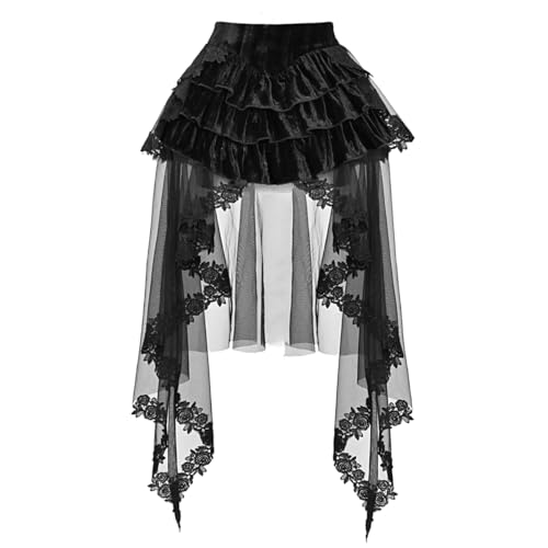 Damen Viktorianische Gothic Spitze High-Low Röcke Lolita Layered Hohe Taille A-Linie Tüll Bustle Rock für Halloween Party, Schwarz, M von BPURB