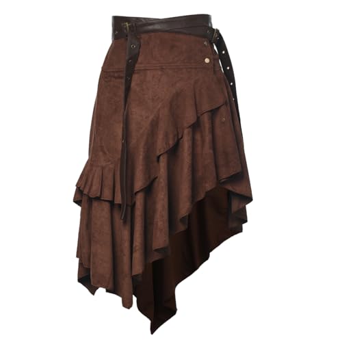 Vintage-Wildlederrock für Damen, Gothic-Punk-Stil, unregelmäßig, gerüscht, hohe Taille, A-Linien-Rock mit Gürtel, braun, L von BPURB
