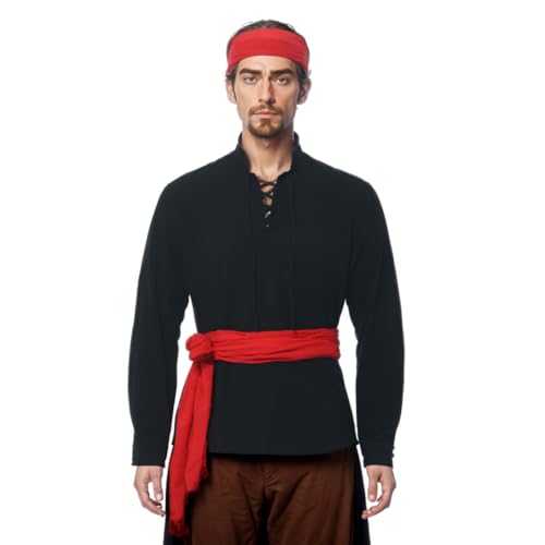 Herren Piraten Wikinger Hemd Mittelalter Keltisches Kostüm Renaissance Steampunk Gothic Langarm Schnürhemd Halloween Hobbit Kostüm Hemd Top, Schwarz , XXL von BPURB