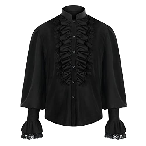 Herren Viktorianischer Steampunk Pirat Spitze Rüschen Langarm Hemd Bluse Renaissance Mittelalter Gothic Vampir Cosplay Kostüm, Schwarz , L von BPURB