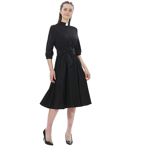 Kirchen Kleider für Damen Vintage Audrey Hepburn Stil mit Tab Kragen Swing Midikleid 3/4-Ärmel mit langem Gürtel, Schwarz, X-Small von BPURB