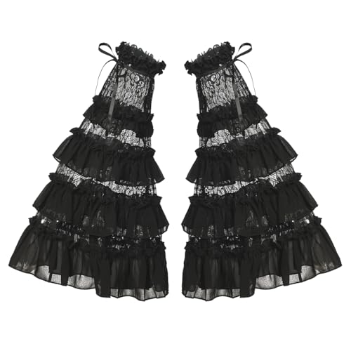 Viktorianische gerüschte lange Spitzenhandschuhe, süßes Lolita-Chiffon, Glockenärmel, fingerlose Armstulpen über Ellenbogen für Blusenkleid, Schwarz , One size von BPURB