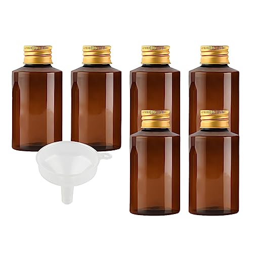 BPZXL 6 Stück, 100ml Braun Kunststoff flaschen mit Gold Aluminium Schraubdeckeln Öl Flaschen Makeup Entferner Kosmetik Behälter mit Trichter von BPZXL