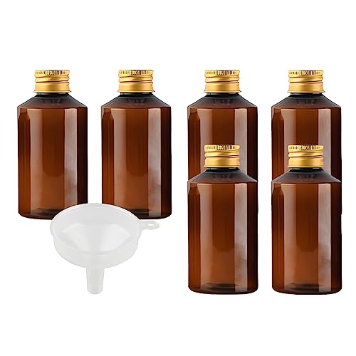 BPZXL 6 Stück, 150ml Braun Kunststoff flaschen mit Gold Aluminium Schraubdeckeln Öl Flaschen Makeup Entferner Kosmetik Behälter mit Trichter von BPZXL