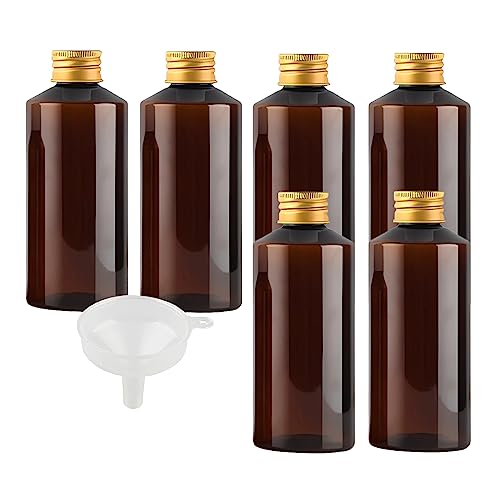 BPZXL 6 Stück, 200ml Braun Kunststoff flaschen mit Gold Aluminium Schraubdeckeln Öl Flaschen Makeup Entferner Kosmetik Behälter mit Trichter von BPZXL