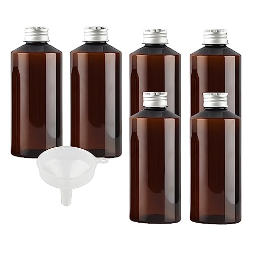 BPZXL 6 Stück, 200ml Braun Kunststoff flaschen mit Silber Aluminium Schraubdeckeln Öl Flaschen Makeup Entferner Kosmetik Behälter mit Trichter von BPZXL