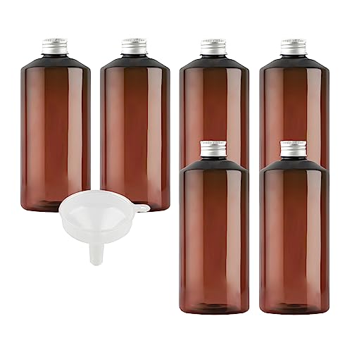 BPZXL 6 Stück, 500ml Braun Kunststoff flaschen mit Silber Aluminium Schraubdeckeln Öl Flaschen Makeup Entferner Kosmetik Behälter mit Trichter von BPZXL