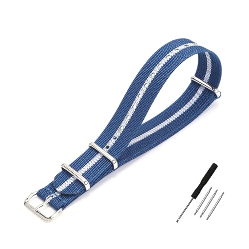 BQAXUREW EDVENA Geripptes Uhrenarmband 16 mm 20 mm 22 mm 18 mm 19 mm 24 mm Robuste Nylonbänder Retro-Uhrenarmband Geflochtene ballistische Stoffbänder(BLUE WHITE,20mm) von BQAXUREW