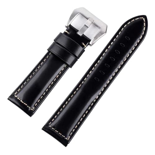 BQAXUREW EDVENA Herren-Business-Uhrenarmband Aus Echtem Leder, Leder, Geeignet For Panerai-Armband, 22 Mm, 24 Mm, 26 Mm, Glatte Oberfläche, Braun Und Schwarz(Black silver buckle,22mm) von BQAXUREW
