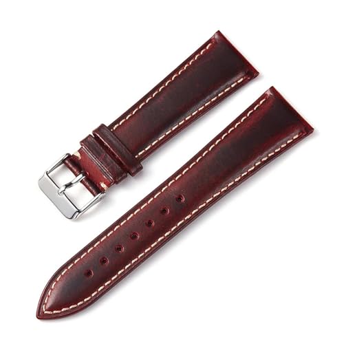 BQAXUREW EDVENA Ölwachs Leder Uhrenarmband 18mm 19mm 20mm 21mm 22mm Vintage Handgemachtes Uhrenarmband Schwarz Blau Braun Farbe Herren Uhrenzubehör(Wine Red,21mm) von BQAXUREW