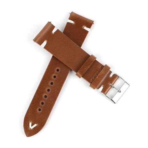 BQAXUREW EDVENA Retro Kuh Leder Armband 18mm 20mm 22mm 24mm Männer Armband Handgemachte Nähte Armband Ersatz Gürtel(Brown-white line,22mm) von BQAXUREW