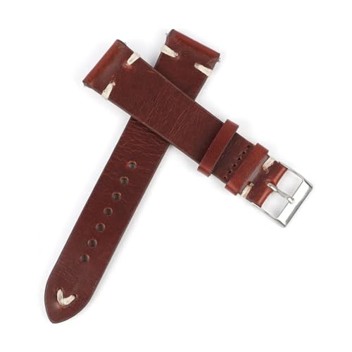 BQAXUREW EDVENA Retro Kuh Leder Armband 18mm 20mm 22mm 24mm Männer Armband Handgemachte Nähte Armband Ersatz Gürtel(Red brown-white line,20mm) von BQAXUREW
