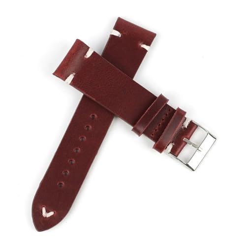 BQAXUREW EDVENA Retro Kuh Leder Armband 18mm 20mm 22mm 24mm Männer Armband Handgemachte Nähte Armband Ersatz Gürtel(Wine red,20mm) von BQAXUREW