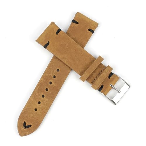 BQAXUREW EDVENA Retro Kuh Leder Armband 18mm 20mm 22mm 24mm Männer Armband Handgemachte Nähte Armband Ersatz Gürtel(Yellow brown-B line,22mm) von BQAXUREW