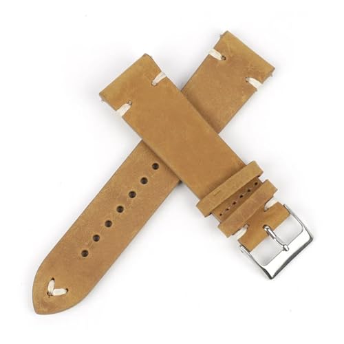 BQAXUREW EDVENA Retro Kuh Leder Armband 18mm 20mm 22mm 24mm Männer Armband Handgemachte Nähte Armband Ersatz Gürtel(Yellow brown-W line,22mm) von BQAXUREW