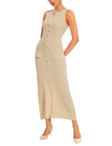 BQDCQB Damen Strick-Maxikleid, ärmellos, figurbetont, gerippt, lang, Tankkleid, elegant, Knopfleiste, Arbeitskleidung, Khaki, Klein von BQDCQB