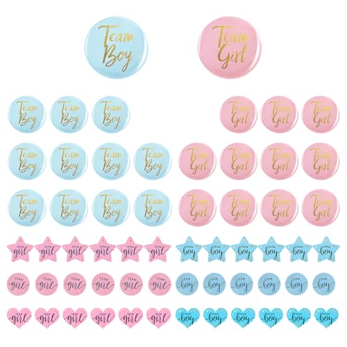 BQLYblink 60 Stück Geschlecht Offenbar Button Team Boy und Team Girl Pin Abzeichen Babyparty Gender Reveal Button Badge 24 Gender Reveal Pin + 36 Gender Reveal Sticker für Baby Shower Party Dekoration von BQLYblink