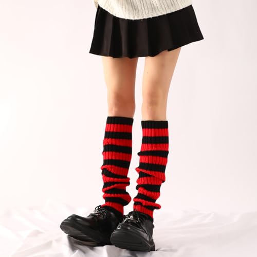 BQRKOTM 1 Paarein Damen Langer Beinwärmer Frauen Mädchen Winter Crochet Stricken Stulpen Beinstulpen Beinwärmer Kniestrümpfe Legwarmers Goth Lolita Zubehör -Rote und schwarze Streifen von BQRKOTM