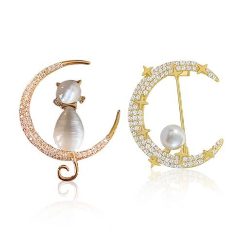 BQRKOTM 2 Stück Mond und Katze Broschen für Damen, Strass Broschennadeln Modische, Anstecknadel Elegant Gold, Schal Anstecknadel Clip für Damen von BQRKOTM