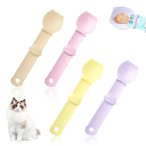 BQRKOTM 4 Stück Katzenfutter Löffel, Katzenlöffel, Katzenstreifen-Quetschlöffel, Katzenleckerli-Spender, Futterlöffel für Katzenstreifen, Fütterungsschaufel, Hängende Design von BQRKOTM