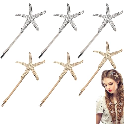 BQRKOTM 6 Stück Seestern Haarspangen, Strand Seestern Haarnadel Mädchen Blumenmädchen-Zubehör,Haarspangen Eleganter Haarschmuck für Frauen Mädchen Party Geburtstag Geschenk Hochzeit von BQRKOTM