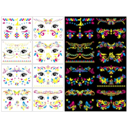 BQRKOTM 8 Temporäre Tattoos Im Neon-Stil Für Musikpartys, Die Im Dunkeln Leuchten, Fluoreszenz-UV-Wasserdichte Leuchtende Winzige Aufkleber, Blacklight Reactive Light Face Flash Festival Zubehör von BQRKOTM