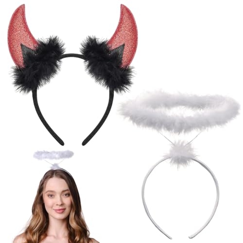 BQRKOTM Haarreif Heiligenschein weiß und Teufelshörner Haarreif |Haarreifen Engel und Dämonen | Kopfschmuck für Damen, Herren & Kinder |für Kostüm Party, Fasching, Karneval von BQRKOTM