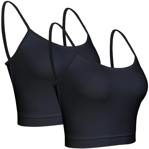 BQTQ 2 Stück Crop Tank Tops Basic Cami Crop Top mit Spaghetti Träger für Frauen (Schwarz, M) von BQTQ