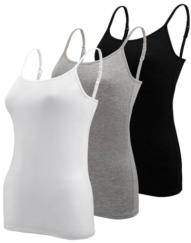 BQTQ 3 Stück Unterhemd Damen Basic Tank Top Ärmelloses Camisole Spaghettiträger Top mit Verstellbarer Strap für Damen und Mädchen (Schwarz, Weiß, Grau, L) von BQTQ