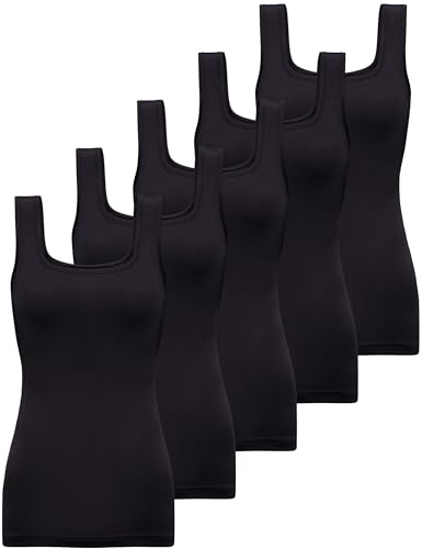 BQTQ 5 Pcs Tank Top Stretch Damen Unterhemden Basic Top Elastische Unterhemd mit Quadratischem Ausschnitt Unterhemden Ärmellos für Frauen Mädchen (Schwarz, L) von BQTQ