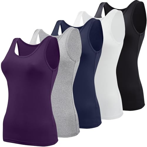 BQTQ 5 Stück Basic Tank Tops für Frauen Unterhemd Tank Top Ärmellos Unterhemden, Schwarz, Weiß, Grau, Indigo, Marineblau, Groß von BQTQ