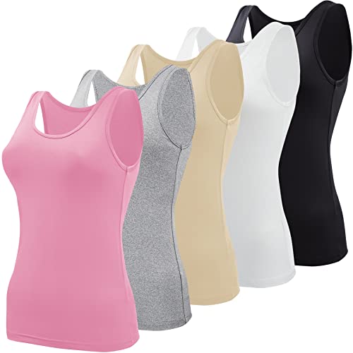 BQTQ Basic-Tank-Tops für Damen, ärmellose Unterhemden, 5 Stück, Schwarz, Weiß, Grau, Rosa, Beige, Groß von BQTQ