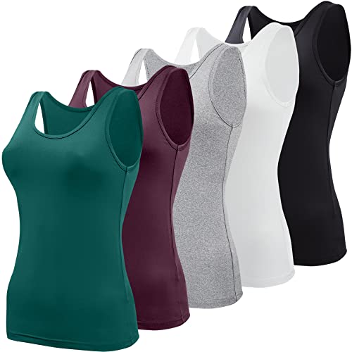 BQTQ 5 Stück Elastische Tank Tops Damen Unterhemden Stretch Crop Top Basic Cami Tank Top für Frauen und Mädchen, Schwarz, Weiß, Grau, ViolettRot, Dunkelcyan, L von BQTQ