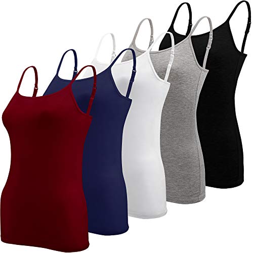 BQTQ 5 Stück Spaghetti Top Damen Unterhemd Spaghettiträger Lang Tank Top mit Verstellbarer Strap Basic Cami Tank Top für Frauen und Mädchen, Schwarz, Weiß, Grau, Dunkelrot, Marine, M von BQTQ