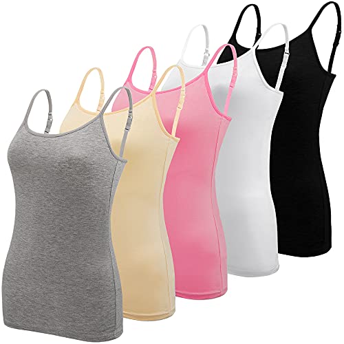 BQTQ 5 Stück Spaghetti Top Damen Unterhemd Spaghettiträger Tank Top mit Verstellbarer Strap Basic Cami Tank Top für Frauen und Mädchen, Schwarz, Weiß, Grau, Rosa, Beige, L von BQTQ