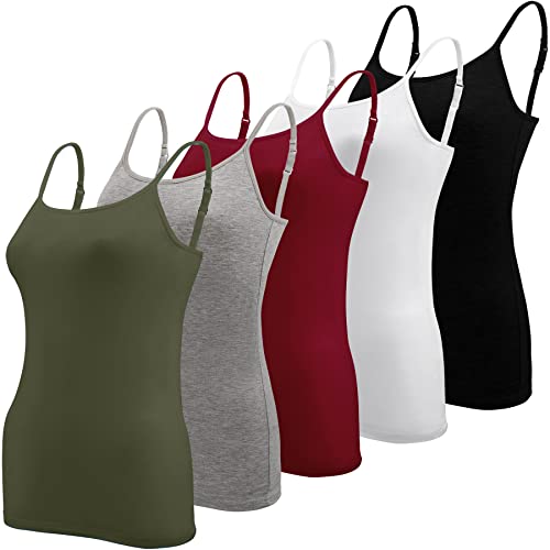 BQTQ 5 Stück Unterhemd Damen Spaghetti Top Spaghettiträger Tank Top mit Verstellbarer Strap Basic Cami Tank Top für Frauen und Mädchen, Schwarz, Weiß, Grau, Dunkelrot, Armeegrün, L von BQTQ