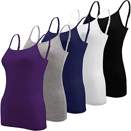 BQTQ 5 Stück Unterhemd Damen Spaghetti Top Spaghettiträger Tank Top mit Verstellbarer Strap Basic Cami Tank Top für Frauen und Mädchen Lila, Schwarz, Grau, Marine, Weiß, L von BQTQ