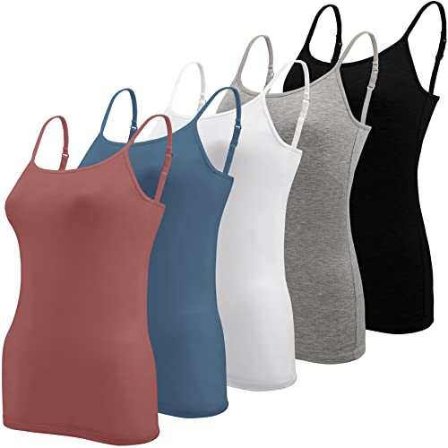 BQTQ 5 Stück Unterhemd Damen Spaghetti Top Spaghettiträger Tank Top mit Verstellbarer Strap Basic Cami Tank Top für Frauen und Mädchen, Schwarz, Weiß, Grau, Azurblau, Indischrot, L von BQTQ