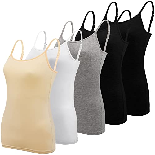 BQTQ 5 Stück Unterhemd Damen Spaghetti Top Spaghettiträger Tank Top mit Verstellbarer Strap Basic Cami Tank Top für Frauen und Mädchen, Schwarz, Weiß, Grau, Beige, XXL von BQTQ