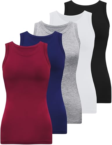 BQTQ 5 Stück Unterhemd Damen Tank Top Rundhalsausschnitt elastische Tank Tops Stretch ärmellose Unterhemden(Schwarz, Weiß, Grau, Dunkelrot, Marine) XL von BQTQ