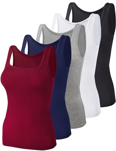 BQTQ 5 Stück Unterhemd Damen Tank Top mit Quadratischem Ausschnitt, Elastische Tank Tops Camisole Crop Top Stretch Untershirt Ärmellos, Schwarz, Weiß, Grau, Dunkelrot, Marineblau, M von BQTQ