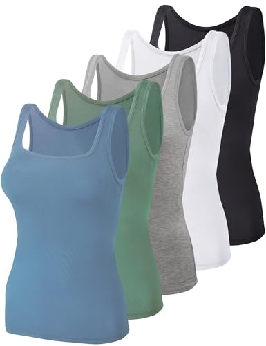 BQTQ 5 Stück Unterhemd Damen Tank Top mit Quadratischem Ausschnitt, Elastische Tank Tops Camisole Crop Top Stretch Untershirt Ärmellos, Schwarz, Weiß, Grau, Kornblumenblau, Kadettblau, XXL von BQTQ