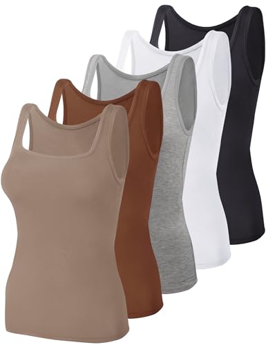 BQTQ 5 Stück Unterhemd Damen Tank Top mit Quadratischem Ausschnitt, Elastische Tank Tops Camisole Crop Top Stretch Untershirt Ärmellos, Schwarz, Weiß, Grau, Siena, Mistyrose, M von BQTQ