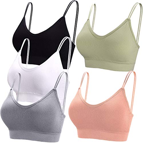 BQTQ 5 Stücke Bralette, V Hals Cami Top BH, Bralette Damen, Schlafen BH, für Frauen, Mädchen (schwarz, weiß, grau, pink, grün, M) von BQTQ