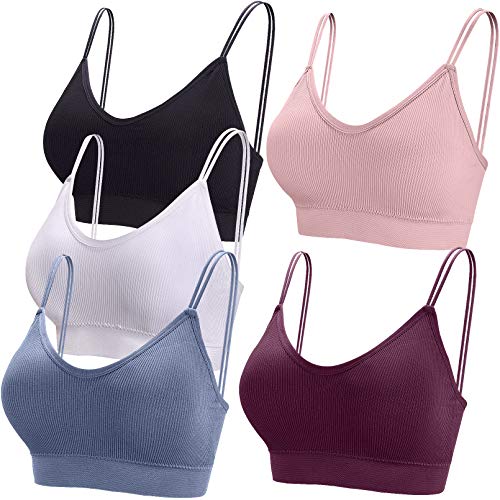 BQTQ 5 Stücke Bralette, V Hals Cami Top BH, Bralette Damen, Schlafen BH, für Frauen, Mädchen(Hellrosa, Weiß, Schwarz, Stahlblau, Lila, L) von BQTQ